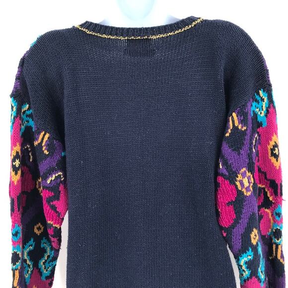Preferred Classix Vintage Hand Knitted Pullover Sweater Bold Floral Print Gold M - Picture 7 of 9